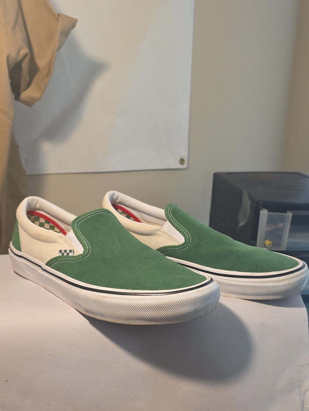 Vans Green and White Slip-On Suede Loafers